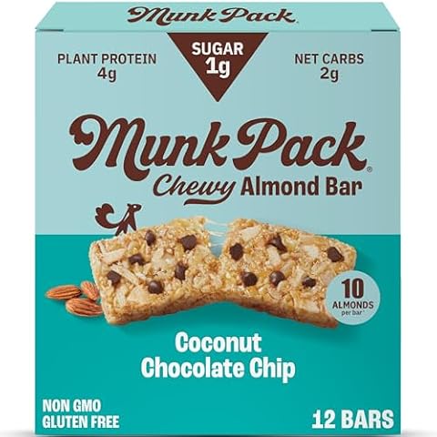Munk Pack Chewy Granola Bars, Coconut Chocolate Chip - Low Sugar Snacks with 5g Protein, 1g Sugar with Allulose - Gluten Free & Low Glycemic - 12 Count Cover