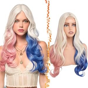 BARSDAR Lange Wellige Perücke Rosa und Blau, Kostüm Perücken Synthetische Lange Wellige Perücke mit Mittelscheitel Rosa Blau und Blond für Damen 71cm Natürlich Look Dick Weich Alltag Party Halloween
