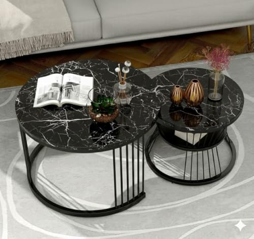 Image of Roldo Modern Nesting Coffee Table Set of 2 for Living Room, Round Coffee & Side Table with Metal Frame and Marble Finish MDF Top, Center Table for Sofa, Home Decor Office & Apartment (Black)