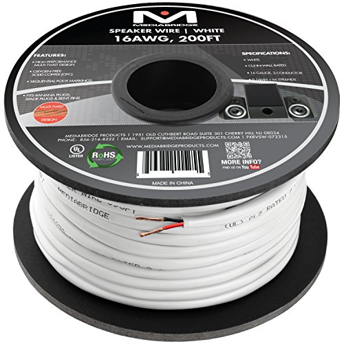 Mediabridge 16AWG 2-Conductor Speaker Wire (200 Feet, White) - 99.9% Oxygen Free Copper