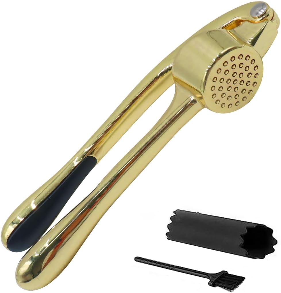 Riven Garlic Press - Professional Quality Garlic Crusher, Mincer and Peeler Set, Easy To Clean, (Gold)