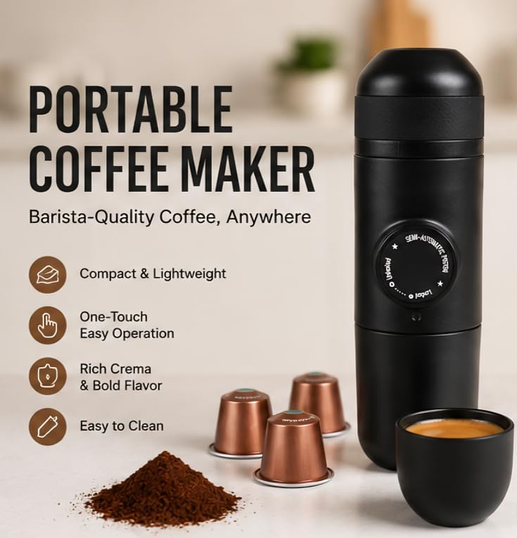 Image of Portable Manual Espresso Coffee Maker | Compatible with Fliteer Coffee Powder or Capsule | Compact Travel Espresso Maker for Home, Office, Camping & Travel | 1 Cup | Black