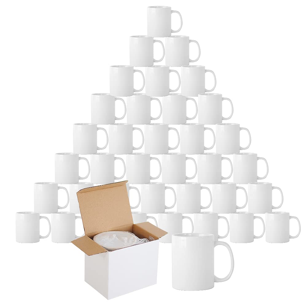 wowsubli Sublimation Mugs Blank 11 oz Plain White Coffee Mug with Gift Boxes, Double ORCA Coated Ceramic Mugs for Sublimation Printing Heat Press (48pcs)