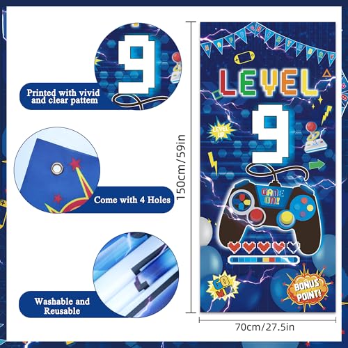 Image of Vlipoeasn Blue 9th Birthday Decorations for Boys, Video Game Level 9 Banner Backdrop Hanging Swirls for 9th Birthday Party, Gamer 9 Years Old Party Supplies