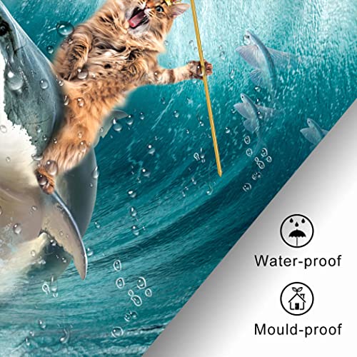 Cyrekud 72" X 72" Funny Cat Shower Curtain Cat Riding Shark Ocean Wave Bathroom Set Fun Animal Nautical Home Bath Bathtub Decor Durable Fabric Machine Washable With 12 Hooks #TOP4