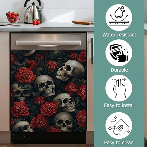 Image of Halloween Skull Refrigerator Magnet Cover,Gothic Red Rose Flower Washable Dishwasher Magnets Decorative Cover,Home Kitchen Decorative Dishwasher Front Panel Cover 23x26 Inch