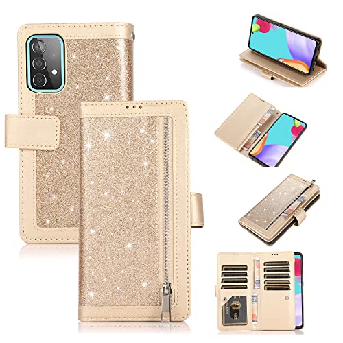 Étui portefeuille Samsung A52 doré avec 9 fentes cartes et fermeture éclair