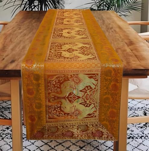 Image of Decorative Handmade Silk Table Runner Golen Brocade Dinning Table & Centre Table Top Decor Rectangular Runners Bed Runners Table Cloth for Wedding (152 X 40 CM ) (Mustard Yellow)