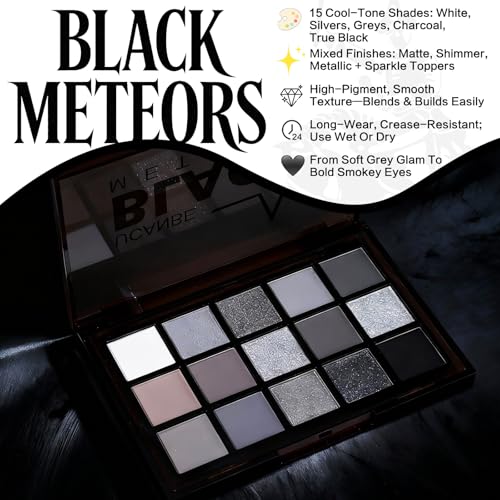 Image of UCANBE Smokey Black Eyeshadow Palette, 15 Colors Dark Shimmer Matte Metallic Makeup Pallet, High Pigmented Gray Silver Sombras De Ojos Kit for Daily and Halloween