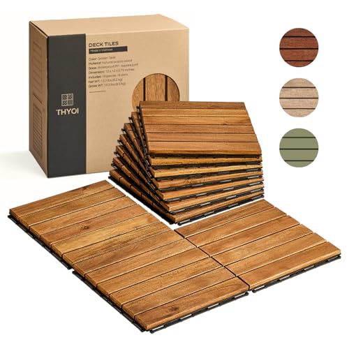 THYOI Premium Deck Tiles Patio Flooring - Set 10 Pcs 12x12x0.9 Interlocking Deck Tiles Waterproof Acacia Wood for Balcony Backyard Indoor & Outdoor (Golden Teak Striped Pattern Square Joints)