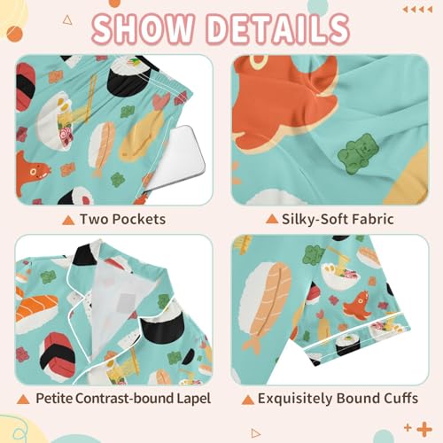 senya Delicious Sushi Dim Sum Satin Summer Pajama Sets Silk Short Sleeve Button Down Sleepwear3
