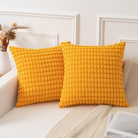 Kevin Textile Pack of 2 Decorative Corduroy Throw Pillow Covers Soft Boho Granular Pattern Pillow Covers Modern Farmhouse Home Decor for Sofa Living Room Couch Bed, 26x26 Inch Yellow Cover