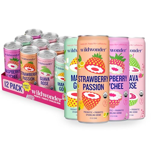 wildwonder Sparkling Probiotic Drink 12pk, For Gut Health & Immune Support, Classic Variety Pack, 5g Prebiotic Fiber, Live Probiotics, Organic, Vegan, Low Sugar, 12 Pack, 12oz Can, Seen on Shark Tank
