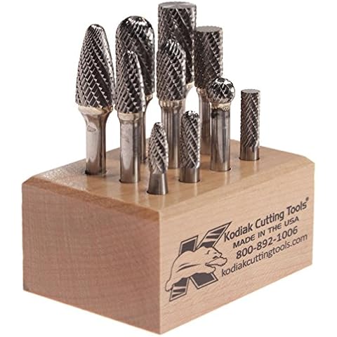Kodiak Cutting Tools 4J-518Y-JQ3L USA Made Carbide Bur Set on 1/4" Shanks, Assorted (Pack of 10) Cover