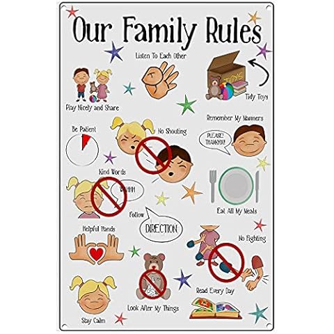 Dreacoss Rustic Retro Metal Tin Sign - Family Rules, Playroom Wall Art, Home Wall Decor, Kids Communication, PECS Kids Behaviours, Autism, ADD, Toddler,Bedroom Living Room Wall Art Decor 5.5x8 inch Cover