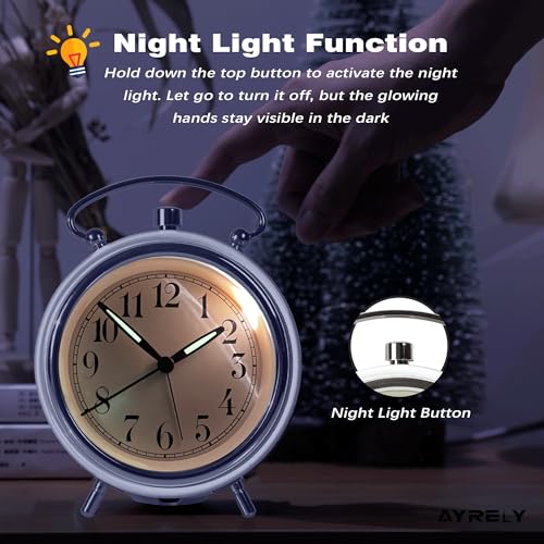 Image of AYRELY 4 inch Super Loud Alarm Clock for Heavy Sleepers, Desk Clock with Built-in Metal Bell, Silent Analog Table Clock with Night Light for Bedroom, Bedside, Office, Kitchen (Bright White)