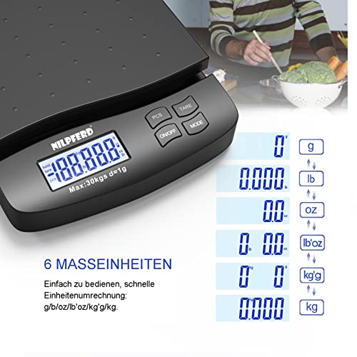 Nilpferd Digitale Paketwaage 5g-30kg in 1g Schritten, Postwaage, Briefwaage, eine Waage für alle Zwecke (Haus/Büro/Lager/Markt),Grammgenau mit LCD Anzeige, Batterien enthalten(Schwarz)
