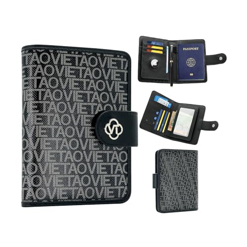 Image of Passport Holder for Travel, RFID Blocking Leather Airtag Wallet for Women Men, Large Passport Cover Essentials Gift, Tickets, Cash, Photo, Sim Card Pen Slot - Black