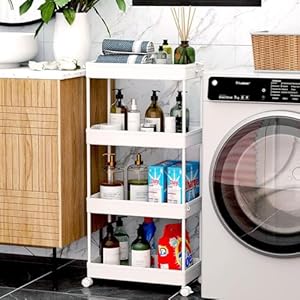 SPACEKEEPER Storage Cart, 4-Tier Mobile Shelving Unit, Bathroom Rolling Cart Utility Storage Organizer Shelf for Kitchen Living Room Bathroom Laundry Room & Dressers, White SPACEKEEPER Storage Cart 4 Tier Mobile Shelving Unit Bathroom Rolling Cart Utility Storage Organizer Shelf for Kitchen Living Room Bathroom Laundry Room Dressers White