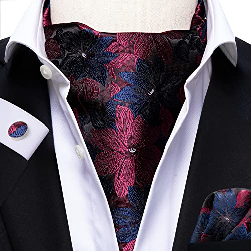 Image of Hi-Tie Silk Ascot for Men Self Tie Men's Cravat and Flower Lapel Pin Handkerchief Cufflinks Set for Wedding Party
