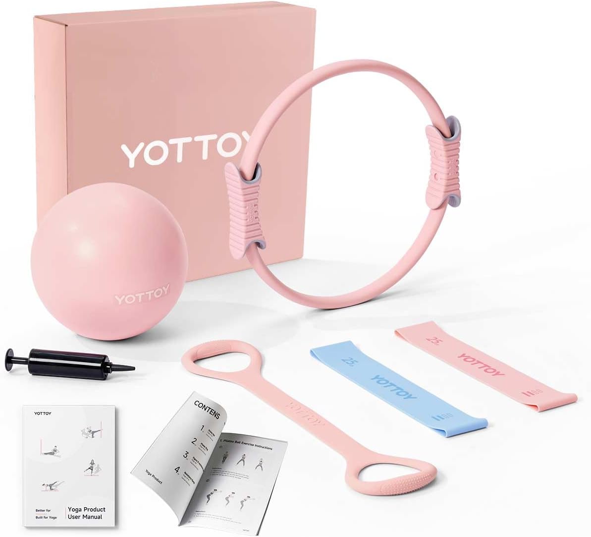 YOTTOY Pilates Ring and Ball Set, Figure 8 Resistance Bands, Stretch Bands&Guide,Pilates Equipment Set for Beginners for Home Workouts Core Strength, Yoga, Physical Therapy & Rehab