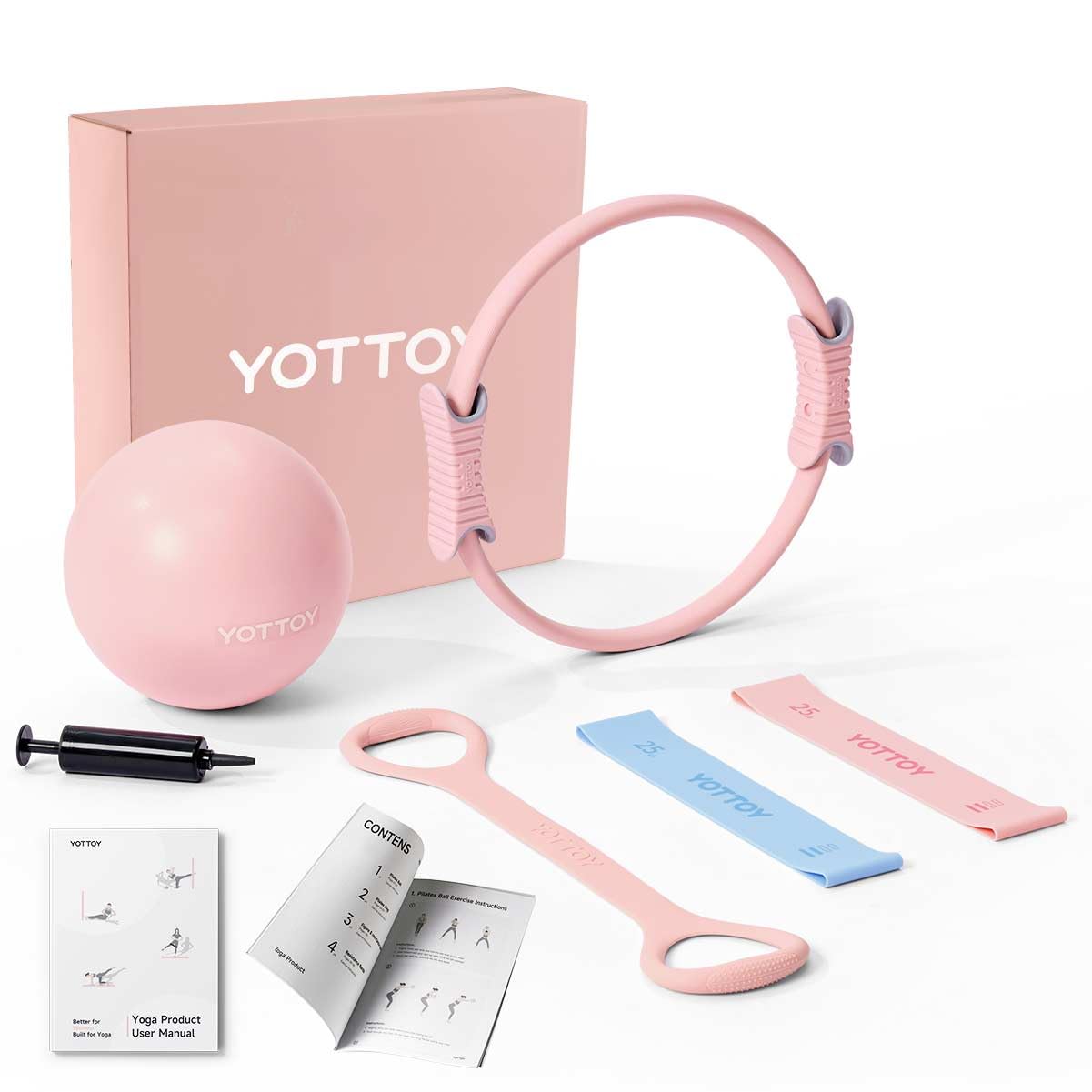 yottoy pilates ring and ball set, figure 8 resistance bands, stretch bands&guide,pilates equipment set for beginners for home workouts core strength, yoga, physical therapy & rehab (pink, 13.5 inch)