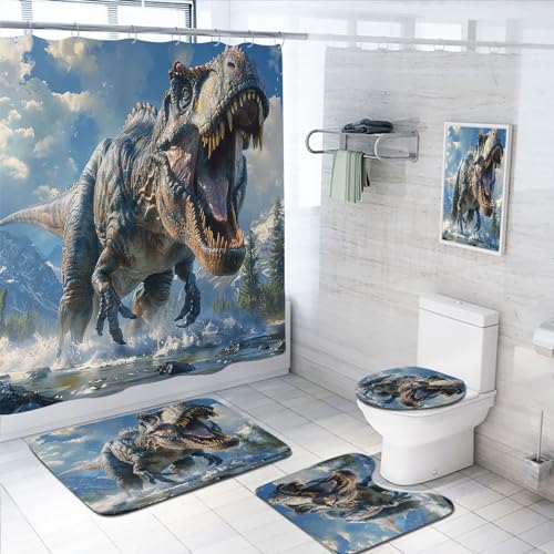 4 Pcs 3D Dinosaur Bathroom Shower Curtain Set with Rugs,Toilet Lid Cover, Bath Mat, Anicient Jurassic Tyrannosaurus Rex Bathroom Shower Curtain with 12 Hooks Accessories Decorative