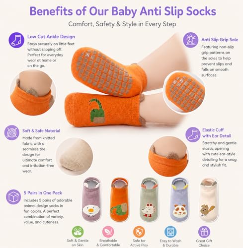 Image of Baby Anti Slip Socks Set with Cartoon Design, Low Cut Ankle Socks for Toddlers, 5 Pairs Pack