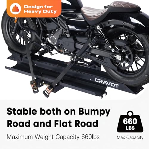Image of CRAVOT Motorack M1 Max Motorcycle Carrier with Ramp, 660lbs Capacity | Hitch MotorBike Carrier, Foldable Hauler Hitch Mount Rack Anti-Rattle Up to 6-inch Fat Tire 2 inch Receiver
