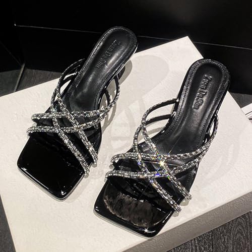 Women's Rhinestone Strappy Kitten Heels Sandals Comfortable Soft Insole Square Open Toe Slip On Low Heel Sandals for Summer Casual Dressy Party Wedding4