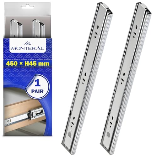 1 Par Guias Correderas para Cajones con Rodamientos de Bolas 450 mm x H45 mm - Rieles para Cajones Telescopicas de Extensión Total - Sistema Push to Open - Garantía de 10 Años - MONTERAL