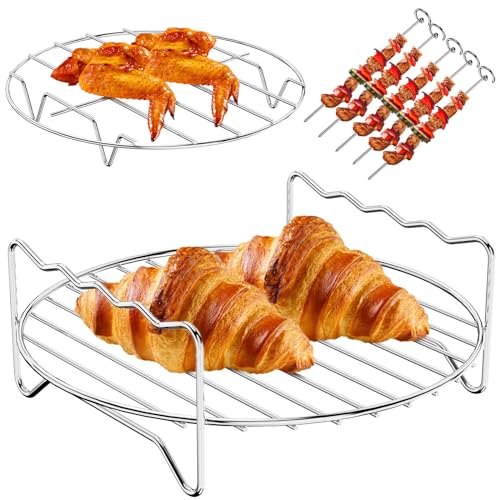 2 PCS Air Fryer Double Layer Rack 304 Stainless Steel Air Fryer Accessories with 5 Kebab Skewers Flat Multipurpose Non Stick Dehydrator Rack Grilling Rack Air Fryer Rack for Most 5.3-5.8 QT Oven