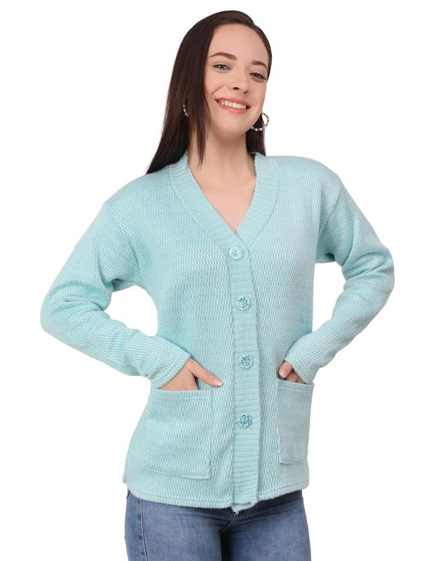 Image of MANRA Women's Woolen V-Neck Buttoned Full Sleeve Cardigan Self Design Soft Wool Fabric Winter Wear Pure Wool Sweater Fully Warm, Front Pockets Cardigan