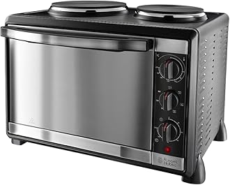 Russell Hobbs Compact 30L Electric Mini Oven with 2 Hotplates - Grill, roast, bake, boil, Fan assisted, Counter Top, Timer, Auto shut-off, Incs baking tray, grill rack & tray handle, 1920W, 22780