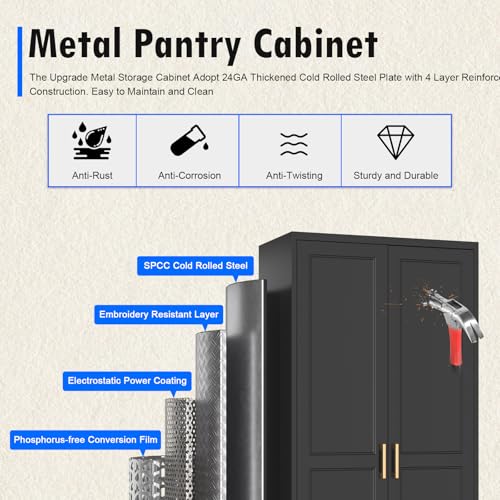 Image of Polup Pantry Cabinet, 71 Inch Tall Kitchen Storage Cabinet, Metal Pantry Cabinet with Doors and Adjustable Shelves, Freestanding Heavy Duty Steel Utility Cupboard for Garage, Laundry, Black
