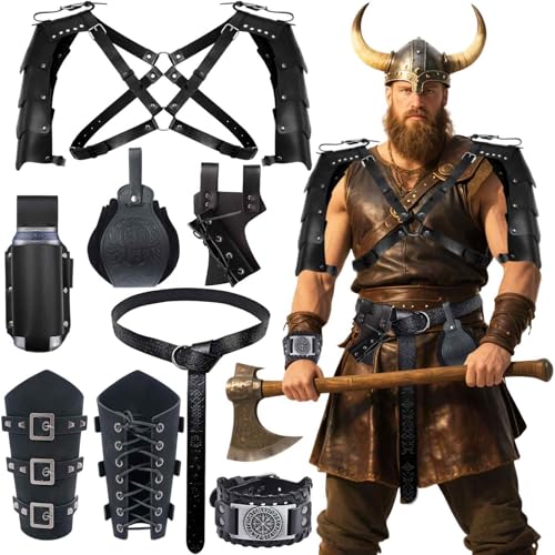 Tianher Set de Disfraz Medieval, 7PCS Ropa Medieval para Hombre y Mujer Disfraz Vikingo con Cinturón Muñequeras Accesorios y Brazaletes Conjunto de Traje Renacentista para Halloween Carnaval Cosplay