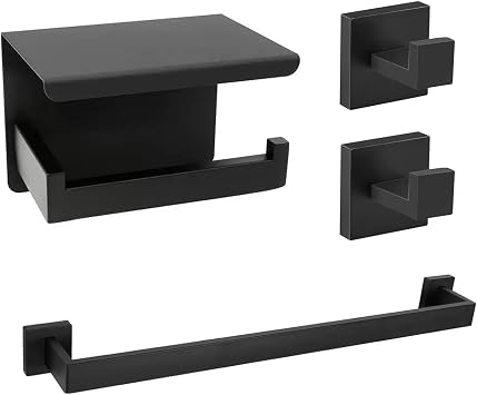 4pcs Bathroom Accessories Set, SUS304 Stainless Steel Matt Black Modern Towel Rail Towel Rack, Toilet Roll Holder with Shelf, Robe Hooks