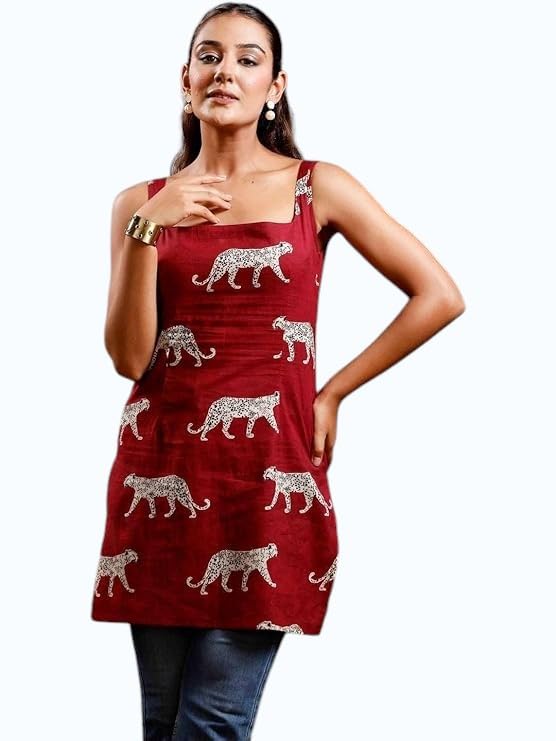 Image of Rimeline Women's Printed Cotton Sleeveless Square Neck Kurti Top | Straight Fit Ethnic Casual Tunic