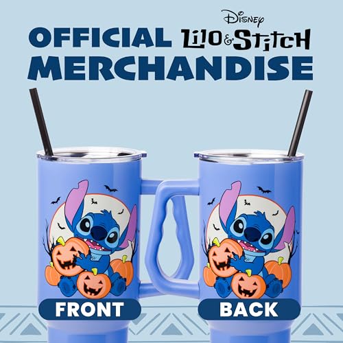 Image of Silver Buffalo Disney Lilo and Stitch Halloween Spooky Pumpkin Jack-O-Lantern Double Walled Stainless Steel Tumbler with Handle and Straw, Fits in Standard Cup Holder, 40 Ounces