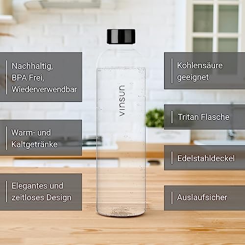 Vinsun Trinkflasche 1L transparent - wiederverwendbar, Kohlensäure geeignet, BPA frei, Tritan - Leichte Wasser Flasche für Sport, Outdoor, Schule, Uni, Fahrrad, Büro, Gym
