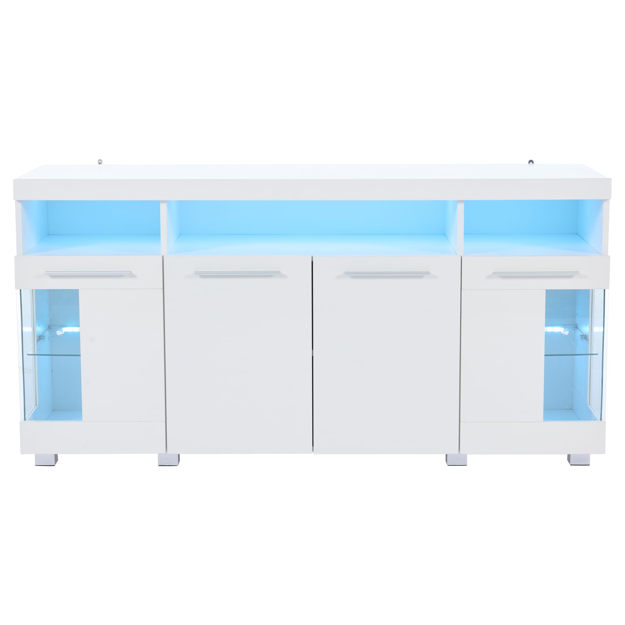 Hochglanz Sideboard Wohnzimmer Beistellschrank mit LED Licht und Offener Fach, Wohnzimmerschrank Buffetschrank mit Glastür, Highboard Vitrine mit Silberner Griff, Schrank Weiß, 140x40x70 cm