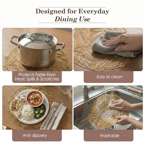 Image of Kuber Industries Leather Round Table Mats Set of 6 | Washable Placemat /Dining Table Mat for Wedding and Family Functions | Leaf Design - Golden