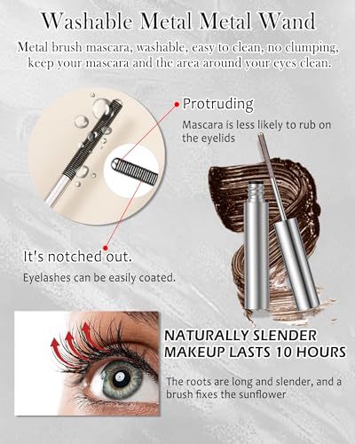 Washable Metal Rod Mascara, Brown Waterproof Tube Mascara Volume and Length,3D Skinny Curling Iron Wand,Long Lasting Smudge-Proof Non Clumping Lengthening Fiber Lash Máscara Makeup for Women