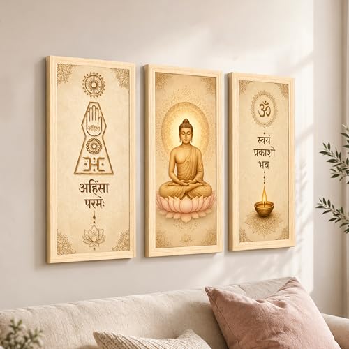 Image of Lord Buddha Jain Wall Art Painting for Living Room, Set of 3 Vastu Wall Art for Home Decor for Living Room, Bedroom, Hallways, Office, Hotel (Size-24x48 cm)