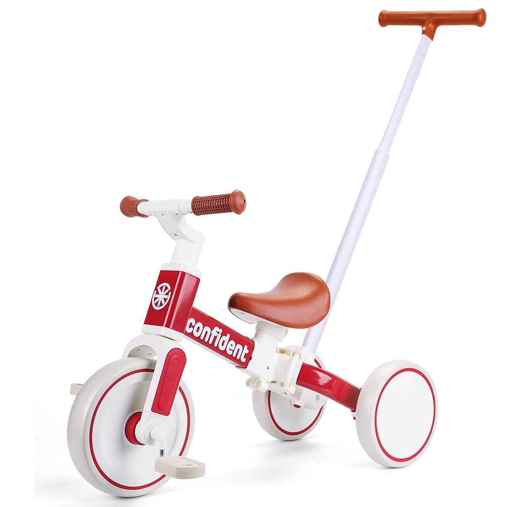 XIAPIA Tricycles for 1-3 Year Olds, 5 in 1 Toddler Balance Bike with Removable Pedal, Push Trike Toys with Adjustable Pushrod for 2 3 4 5 Year Old Boys & Girls, Birthday Gifts for Kids (Red)