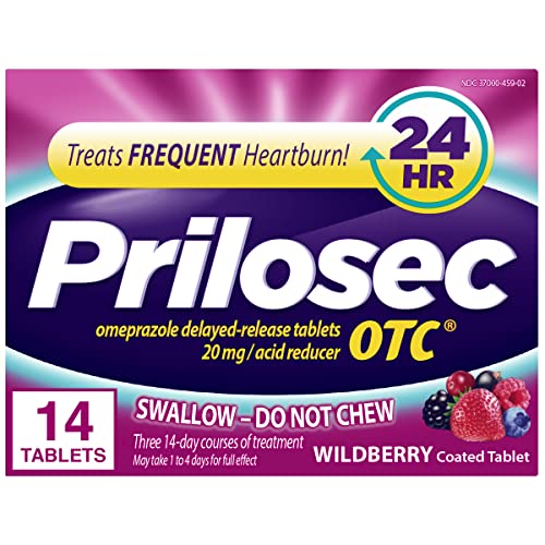 Prilosec OTC, Omeprazole Delayed Release 20mg, Acid Reducer, Treats Frequent Heartburn for 24 Hour Relief, All Day, All Night*, Heartburn Medicine, 20mg, Wildberry Flavor, 14 Tablets