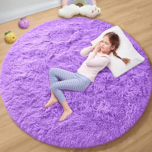 EVOIONOS Purple Round Rug for Girls Bedroom, 4x4 Feet Fluffy Circle Rug for Kids Room, Fuzzy Circular Rug, Plush Shaggy Soft Area Rug for bedroom, Non Slip Living Room Rug, Nursery Dorm Cute Small Rug