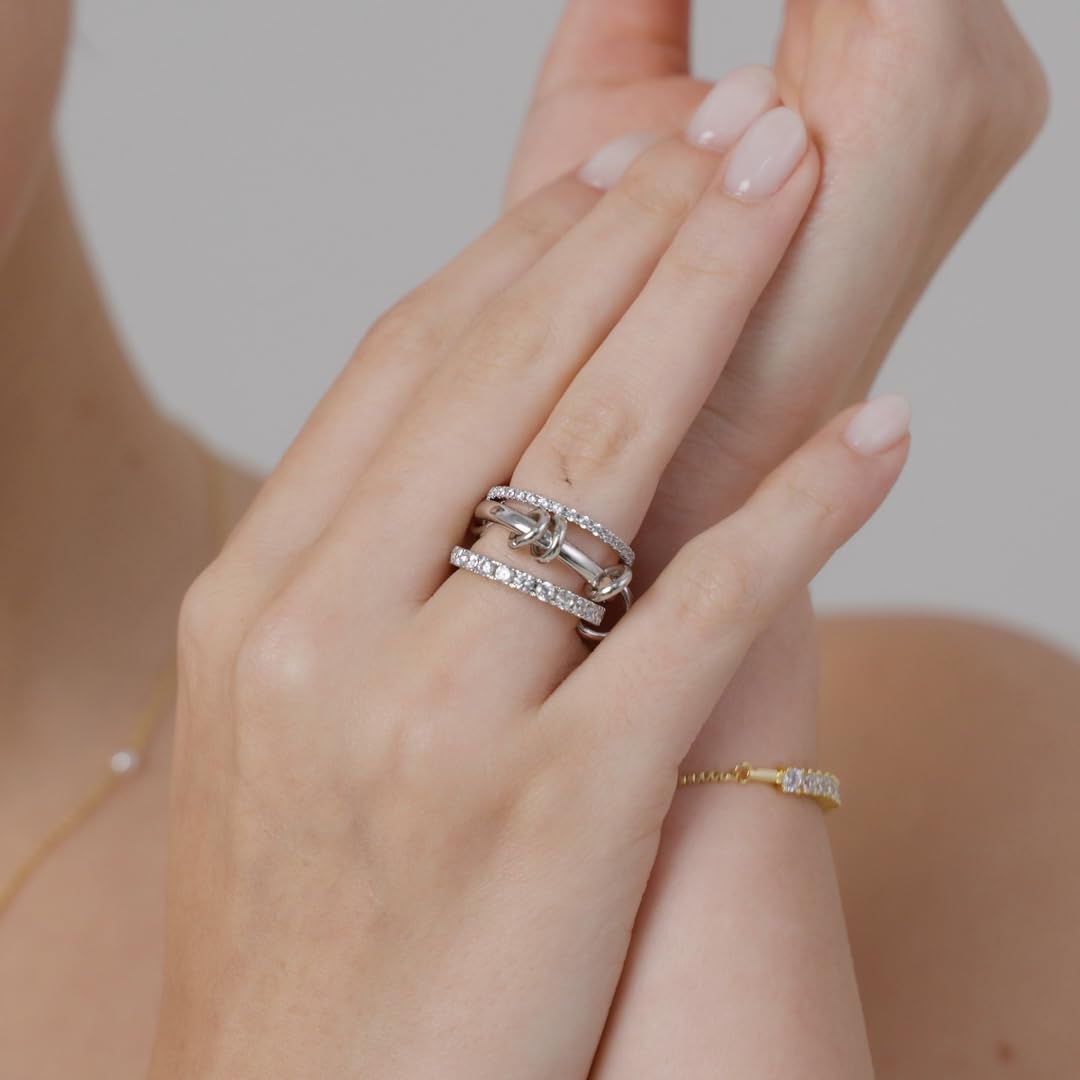 BORUO Waterproof Fidget Ring | 14K Gold Plated Interlocked Stackable Rings for Women | Statement Multi Stack | Cubic Zirconia Two-Toned Stackable Bands Stacking Jewelry Size 4-12