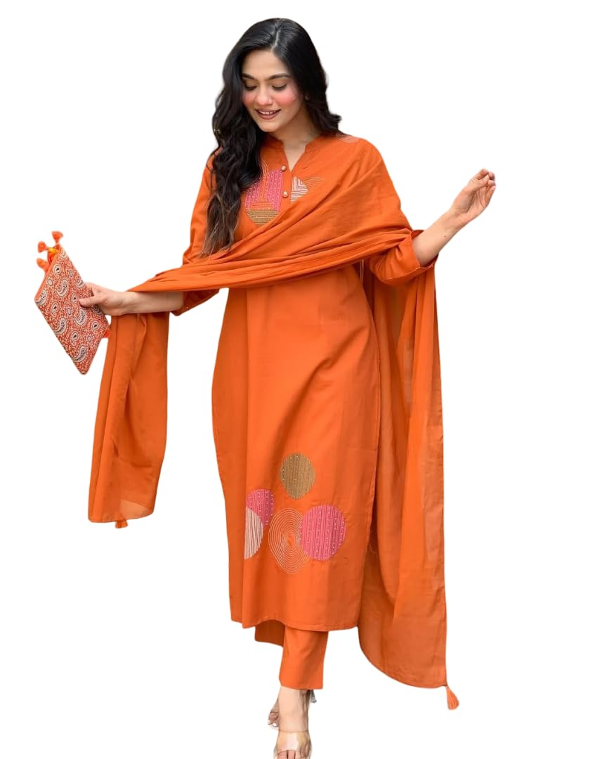 Designer Ethnic Kurti Pant Set with Geometric Embroidered Dupatta-image-2