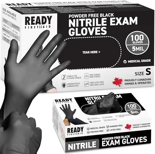 Ready First Aid Nitrile Disposable Gloves, Medical Grade Powder-Free Latex-Free Ambidextrous Examination Gloves Non-Sterile, Multiple Purpose Black Disposable Nitrile Gloves (100 Pieces, Small) : Amazon.ca